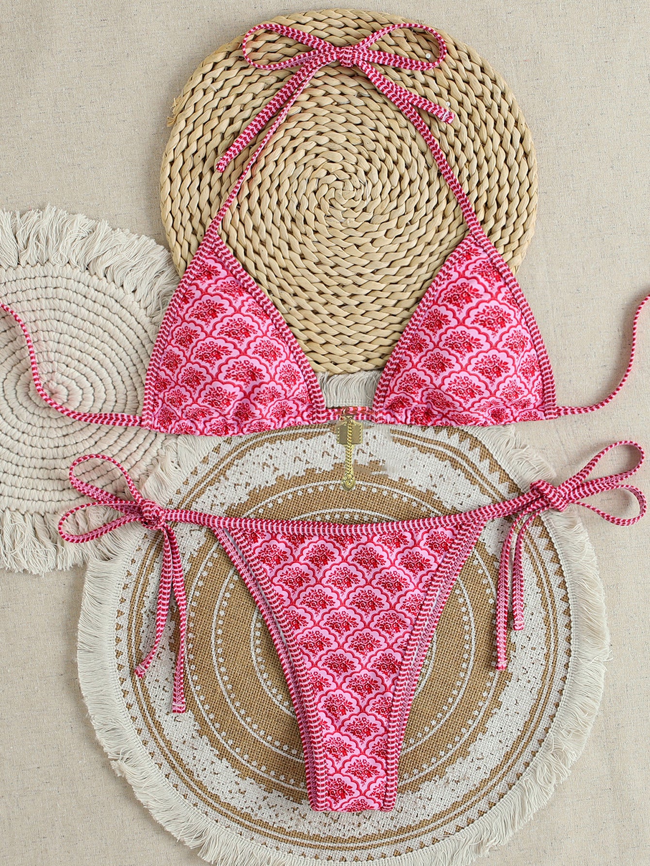 Plants Print Batwing Sleeve Bikini Set - Contrast Strap Sexy Split Swimsuit with Short Sleeve Cover -dropshippingabc.com