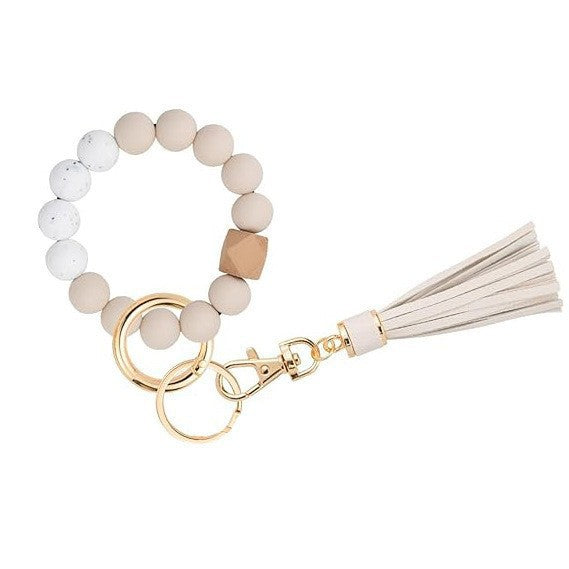 PU Tassel Keychain Bag charm Silicone Beaded Keychain Wristlet Key Ring Bracelet Cute Car Key Chain Holder for Women Girls