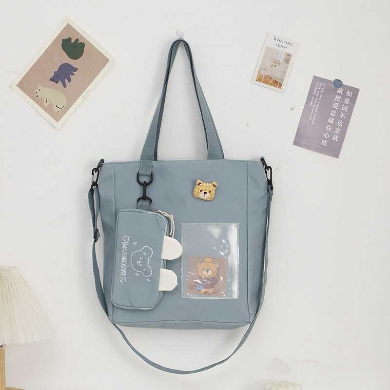 Cartoon Canvas Bag with Bunny Pendant - Cute Self-Contained Student Shoulder Tote Bag -dropshippingabc.com