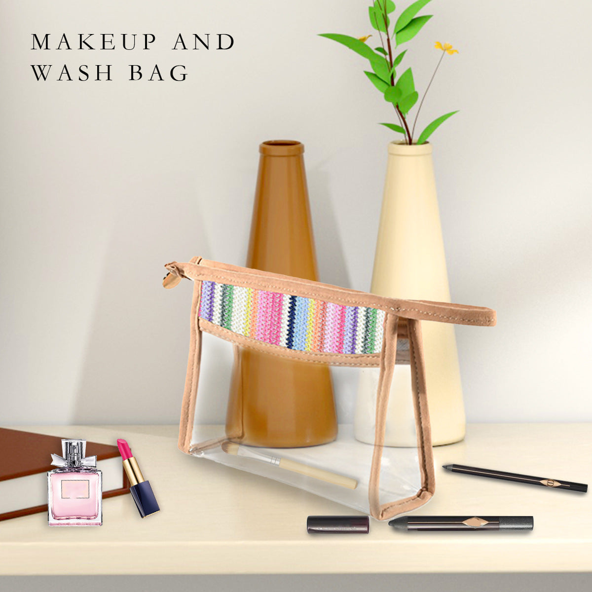 Straw & PVC Makeup Brush Bag - Transparent Lightweight Cosmetic Organizer for Portable Storage -dropshippingabc.com