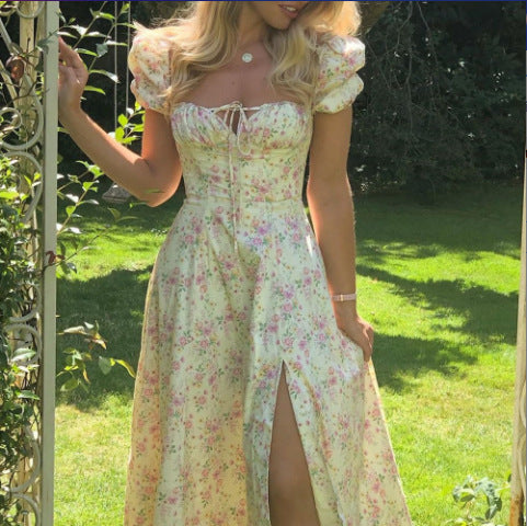 Floral Square Neck Sexy Split Swing Spring Dress Off Shoulder Flower Print Sexy Dress -dropshippingabc.com