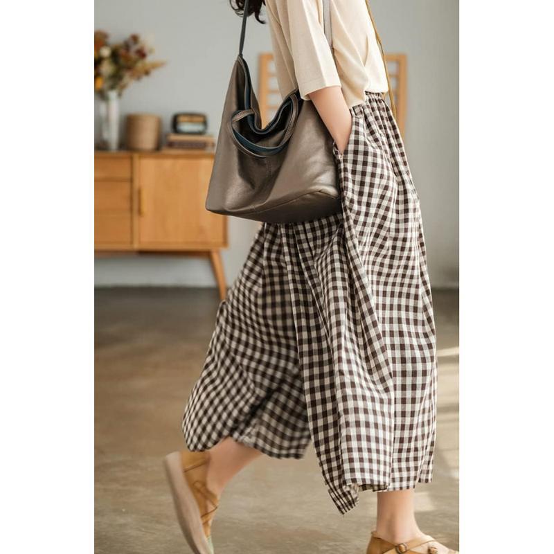 Women's Cotton Linen Plaid Pants - Elastic Waist Wide Leg Palazzo Capri Pants -dropshippingabc.com
