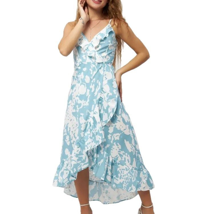 Sexy Floral Print Suspender Skirt Dress - Women's V-Neck Ruffled Reformation Style Holiday Party Dress -dropshippingabc.com