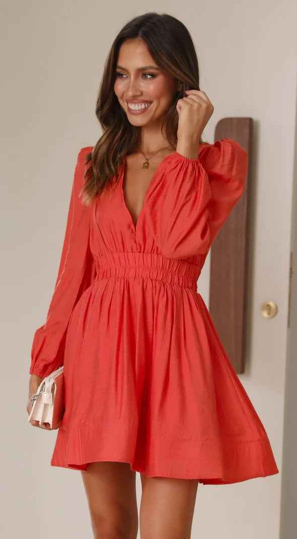 Skinny Deep V-Neck Waist Pleated Mini Dress - Long Sleeve Bodycon Short Dress