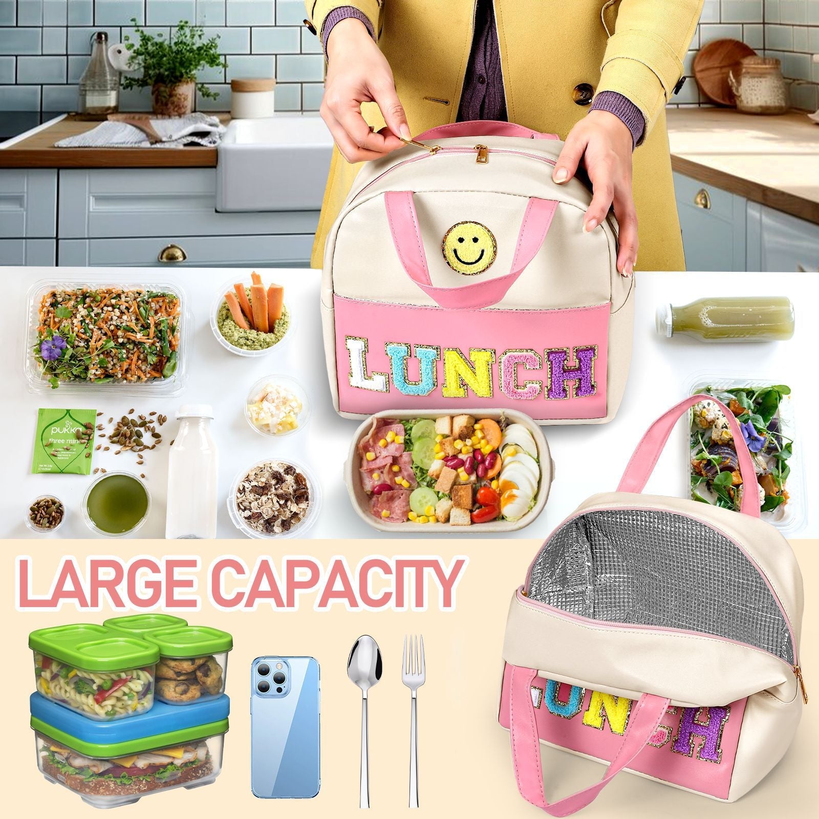 Embroidered Bento Bag - Student Lunch Box Handbag with Fresh-Keeping Large Capacity Thickened Ice Compartment -dropshippingabc.com
