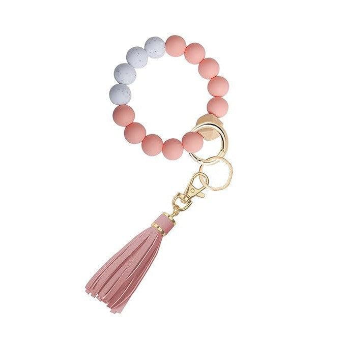 PU Tassel Keychain Bag charm Silicone Beaded Keychain Wristlet Key Ring Bracelet Cute Car Key Chain Holder for Women Girls