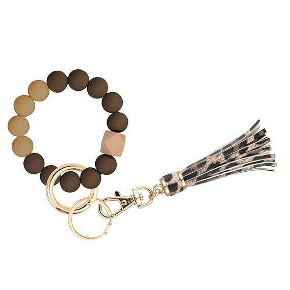 PU Tassel Keychain Bag charm Silicone Beaded Keychain Wristlet Key Ring Bracelet Cute Car Key Chain Holder for Women Girls