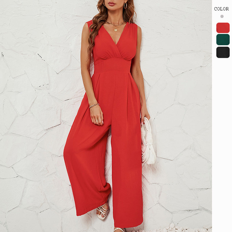 Sleeveless Jumpsuit High Waist Slim Straight Leg Wide -dropshippingabc.com