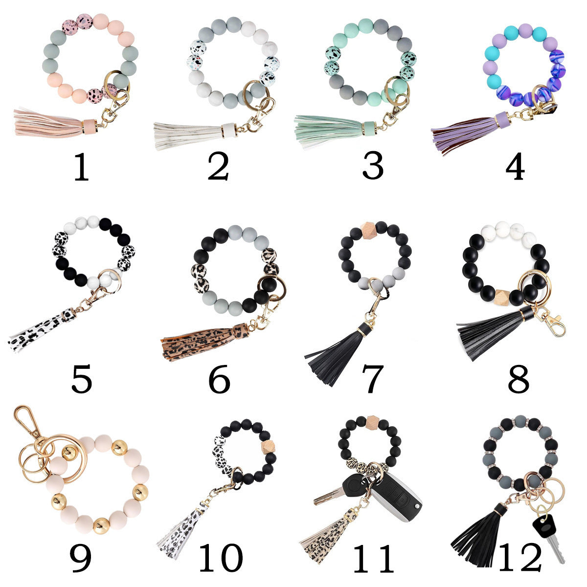 PU Tassel Keychain Women's Bag charm Silicone Beaded Keychain Wristlet Key Ring Bracelet Cute Car Key Chain Holder for Women Girls -dropshippingabc.com
