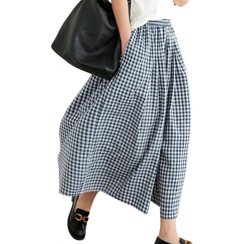 Women's Cotton Linen Plaid Pants - Elastic Waist Wide Leg Palazzo Capri Pants -dropshippingabc.com