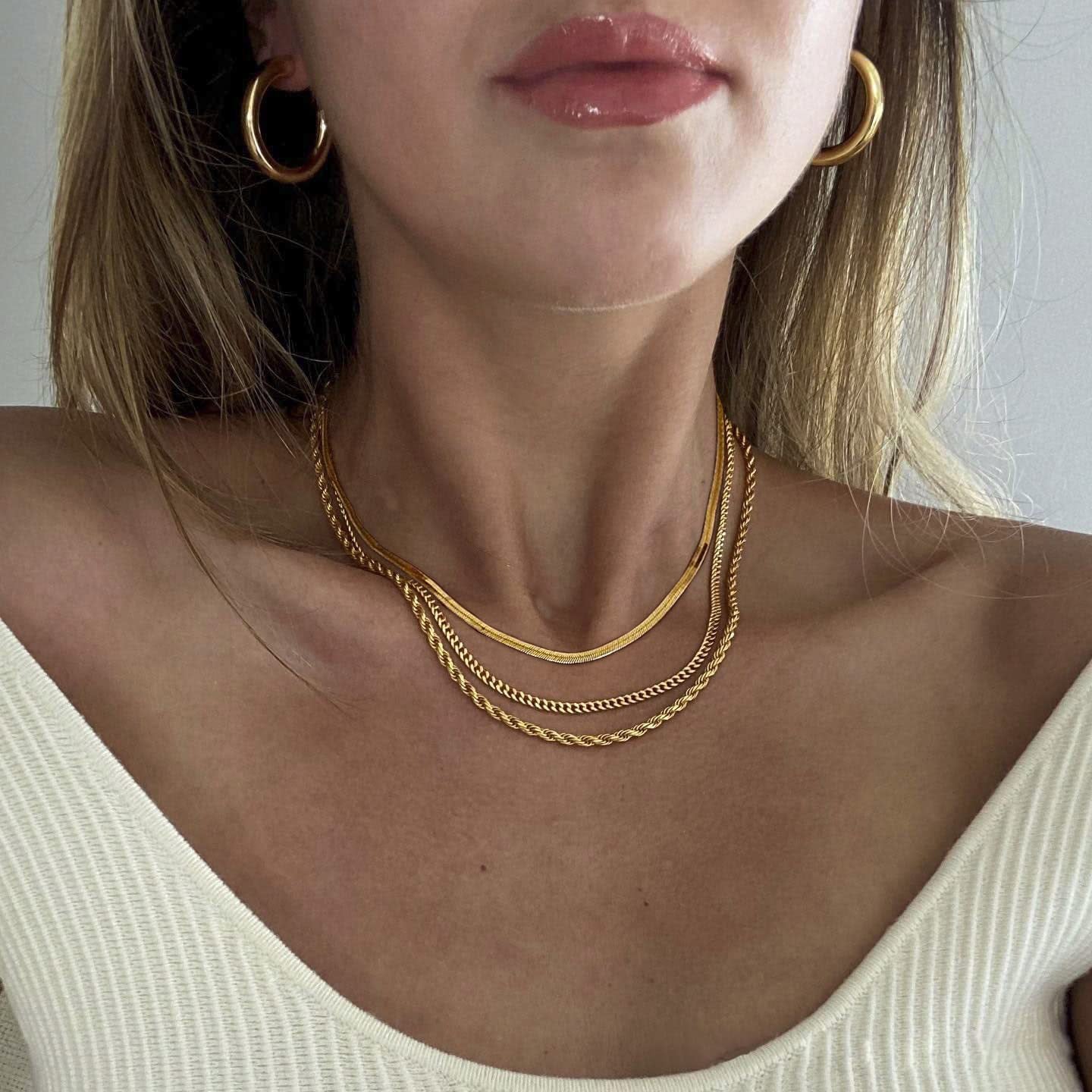 14K Gold Plated Herringbone Choker Necklace - Dainty Thin Snake Chain Layered Jewelry for Women