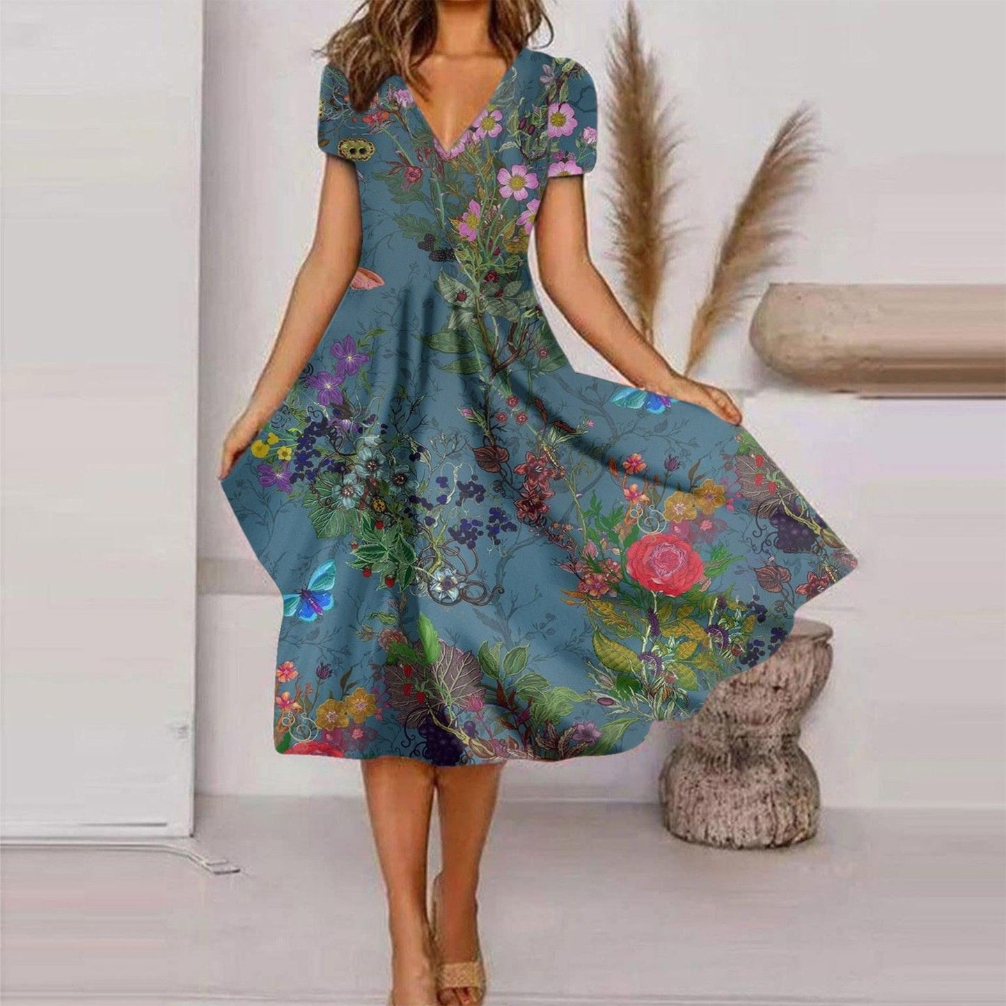 V Neck Bohemian Print Short Sleeve Dress - Flowy Casual Summer Dress with Elastic Waist