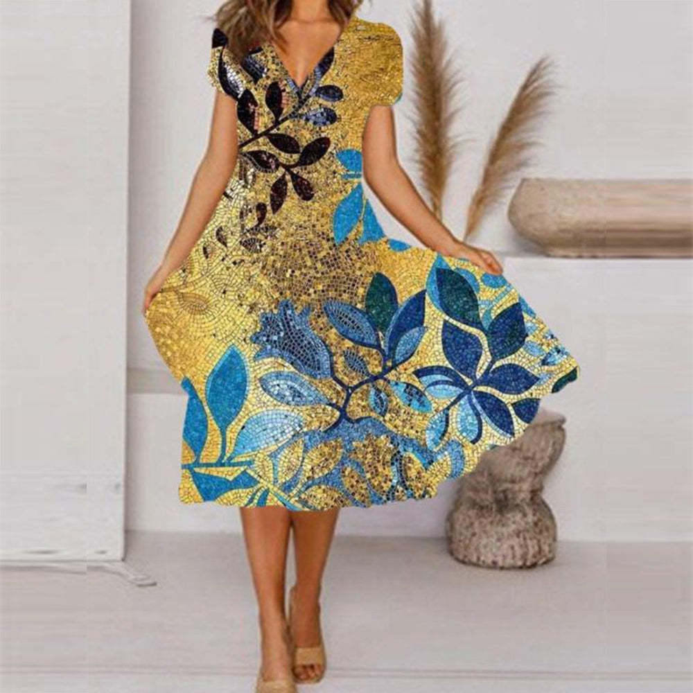 V Neck Bohemian Print Short Sleeve Dress - Flowy Casual Summer Dress with Elastic Waist -dropshippingabc.com
