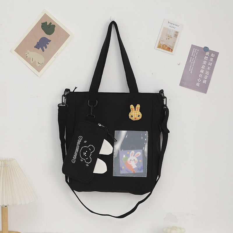 Cartoon Canvas Bag with Bunny Pendant - Cute Self-Contained Student Shoulder Tote Bag -dropshippingabc.com