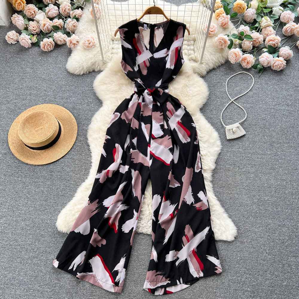 V-Neck High Waist Floral Print Wide Leg Jumpsuit - Loose Fit Women's Romper with Belt