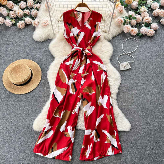 V-Neck High Waist Floral Print Wide Leg Jumpsuit - Loose Fit Women's Romper with Belt