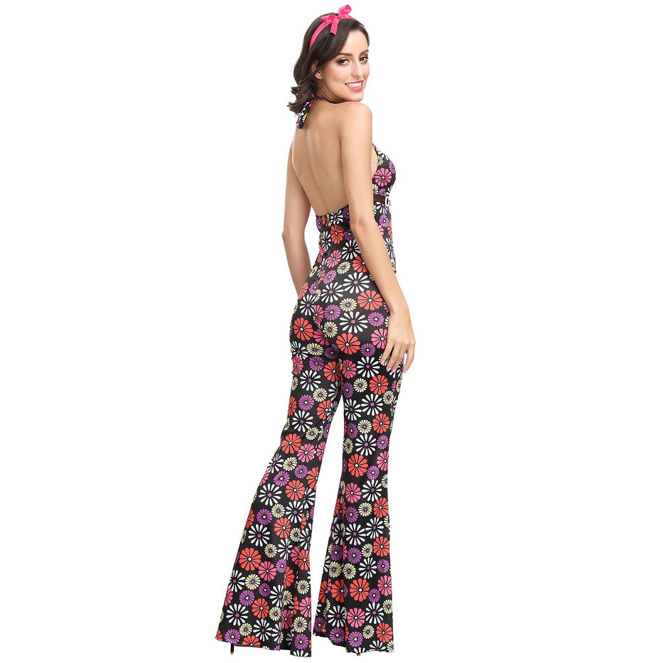70s Disco Onesie Costume - Vintage Hippie Flower Power Jumpsuit for Couple Show & Theme Parties -dropshippingabc.com
