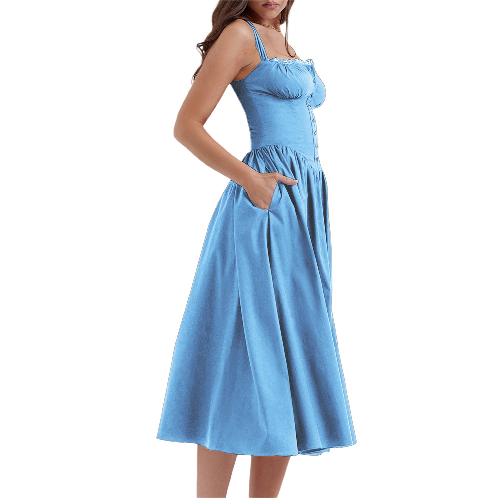 Floral Midi Corset Dress with Square Neck - Women's Smocked Lace-Up Sundress for Wedding Guest & Beach Holiday Parties -dropshippingabc.com