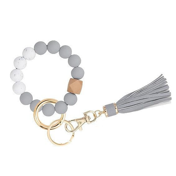 PU Tassel Keychain Bag charm Silicone Beaded Keychain Wristlet Key Ring Bracelet Cute Car Key Chain Holder for Women Girls