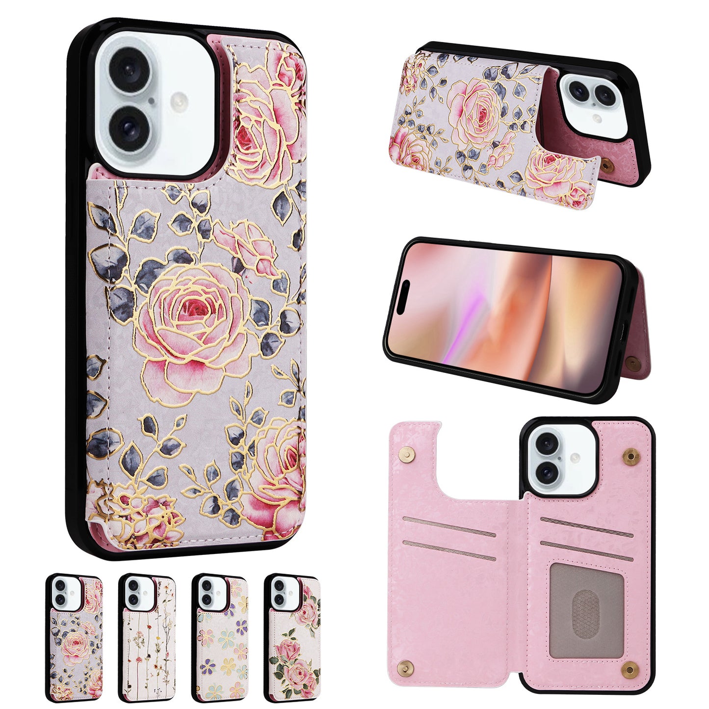 Applicable to Apple 16 painted double buckle four-insert card wallet case 16pro max all-inclusive anti-drop case protective cover -dropshippingabc.com