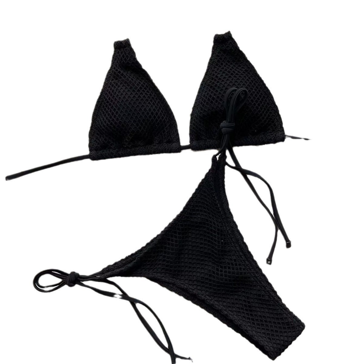 Mesh Fabric Halter Bikini Set - Solid Color Hollow Out Split Swimsuit for Beach & Resort -dropshippingabc.com