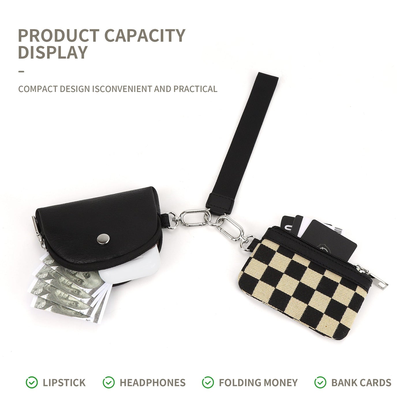 Checkerboard Wristlet Wallet for Women - Multifunctional Mini Zip Around Wrist Bag with Dual Pouch -dropshippingabc.com