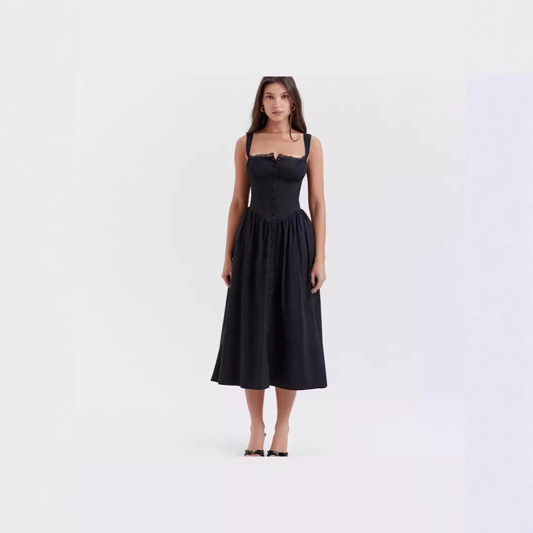 Floral Printed French Lace-Up Halter Dress - Sleeveless Spaghetti Strap Holiday Party Dress with Suspender Detail -dropshippingabc.com