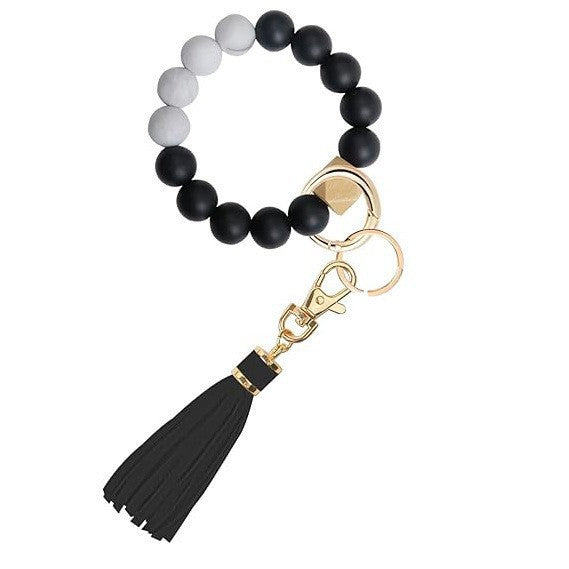 PU Tassel Keychain Bag charm Silicone Beaded Keychain Wristlet Key Ring Bracelet Cute Car Key Chain Holder for Women Girls