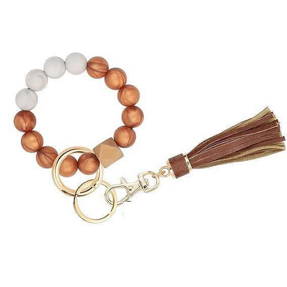 PU Tassel Keychain Bag charm Silicone Beaded Keychain Wristlet Key Ring Bracelet Cute Car Key Chain Holder for Women Girls