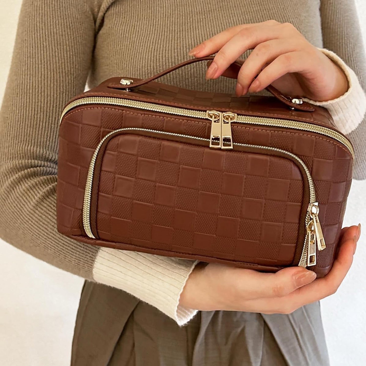 Chessboard Double Pillow Cosmetic Bag - Waterproof Multifunctional Toiletry Organizer with Compartments -dropshippingabc.com