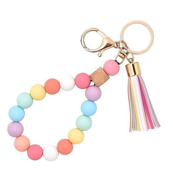 PU Tassel Keychain Women's Bag charm Silicone Beaded Keychain Wristlet Key Ring Bracelet Cute Car Key Chain Holder for Women Girls