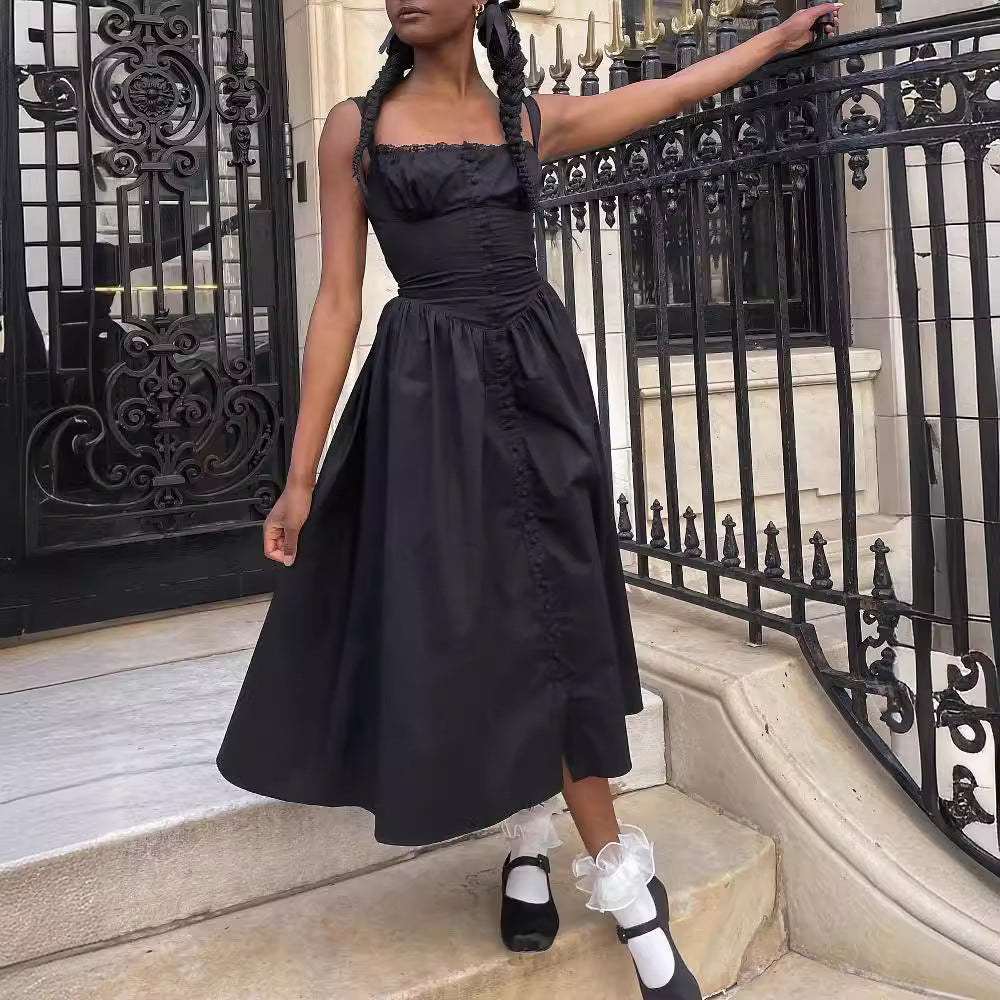 Floral Midi Corset Dress with Square Neck - Women's Smocked Lace-Up Sundress for Wedding Guest & Beach Holiday Parties -dropshippingabc.com