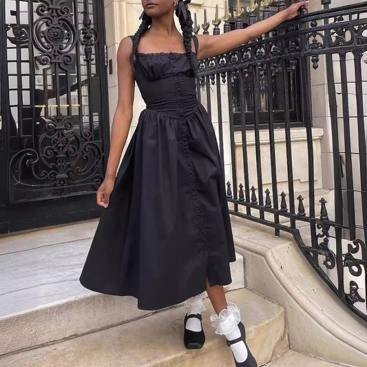 Floral Midi Corset Dress with Square Neck - Women's Smocked Lace-Up Sundress for Wedding Guest & Beach Holiday Parties -dropshippingabc.com