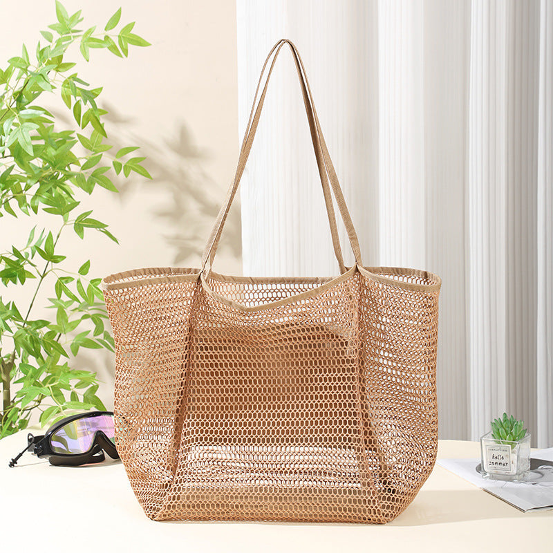 Mesh Shower Tote Bag, Portable Beach Bag, Summer Travel Large Capacity Portable Mesh Tote Bag, Foldable Wash and Makeup bag large