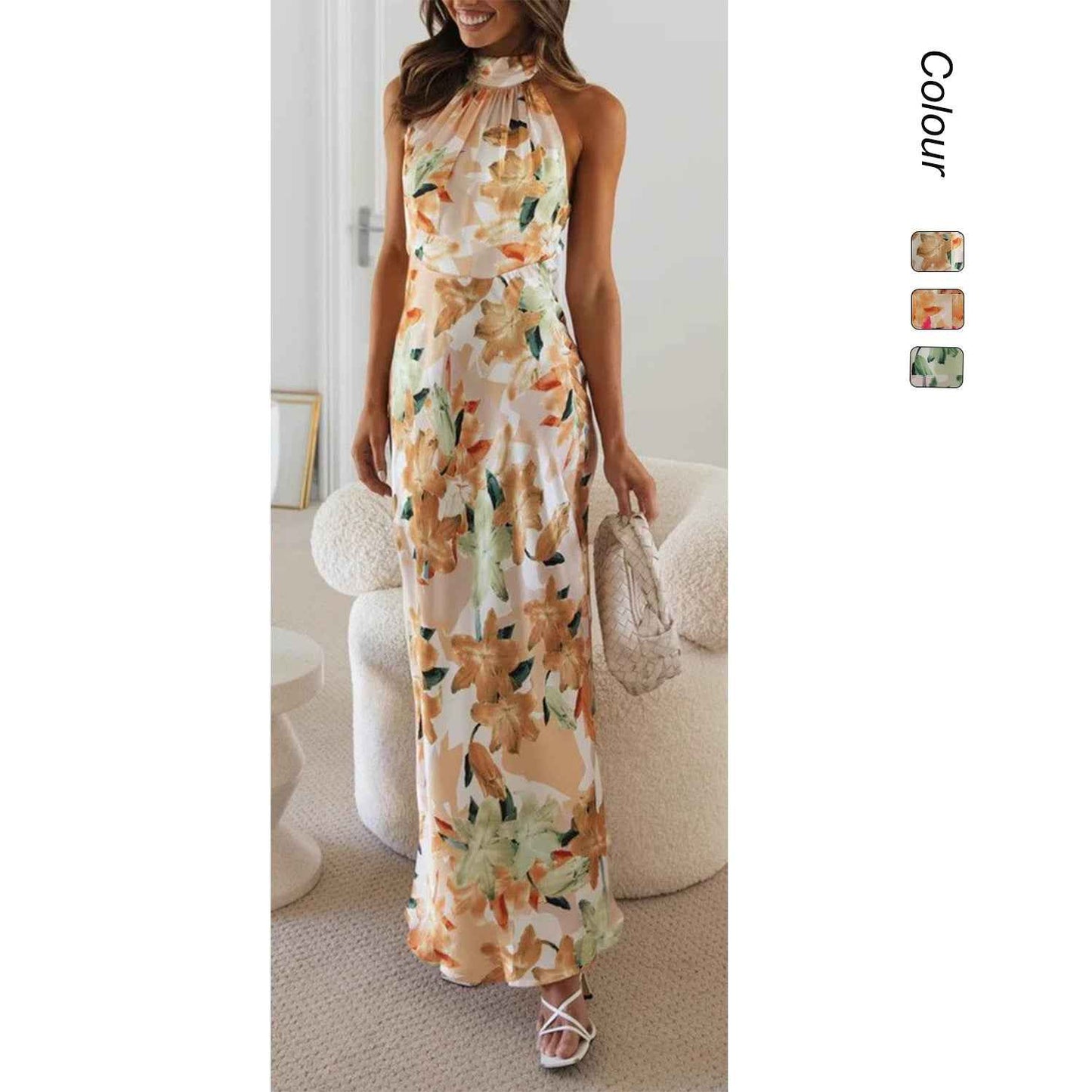 Summer Satin Dress Elegant Sleeveless Mock Neck Cocktail Party Maxi Dresses Sexy Halter Neck Floral Print Slim Casual dress
