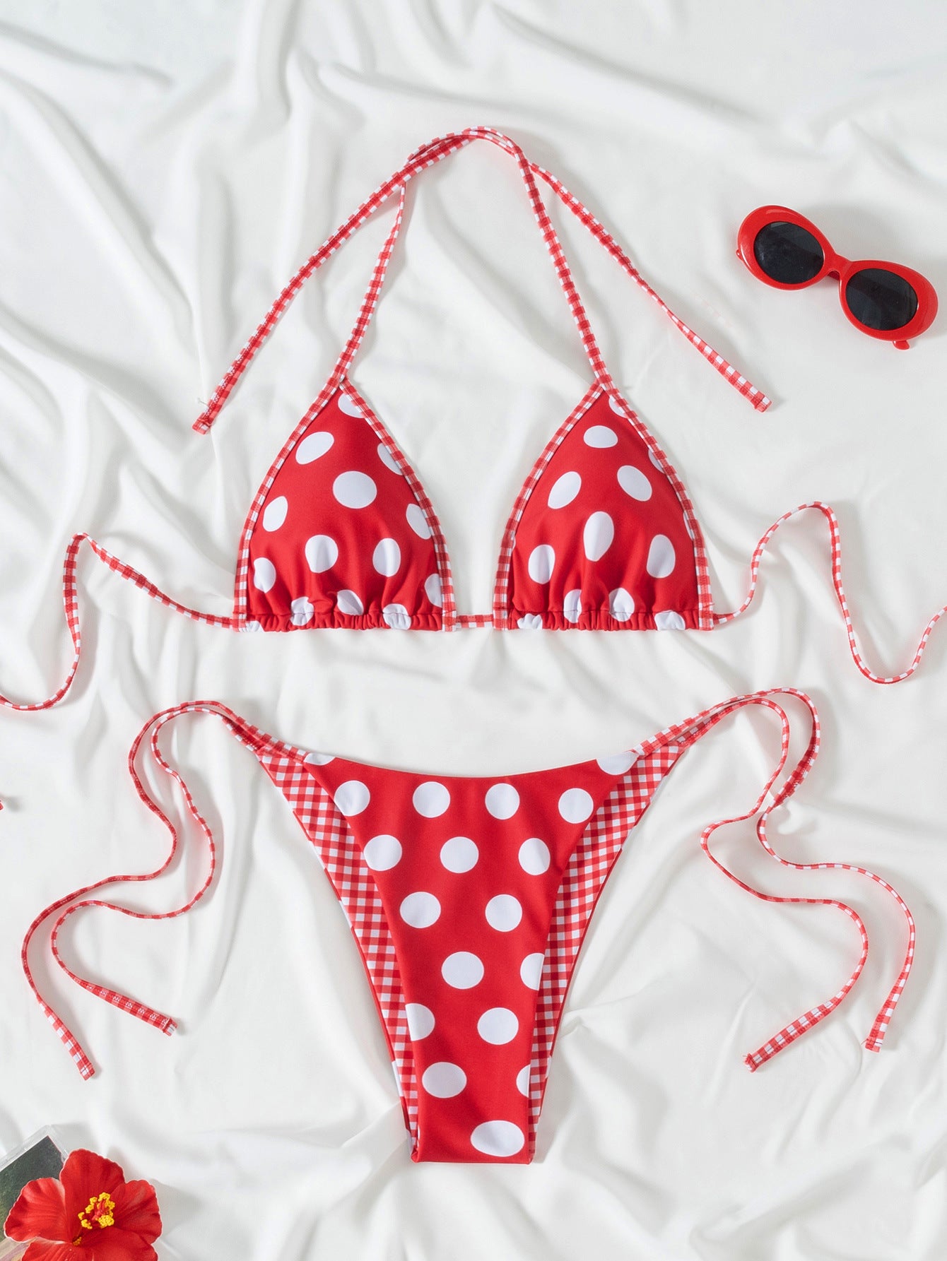 Contrasting Print Strap Sexy Bikini Split Swimsuit Batwing Short Sleeve Shirt W Plants Print