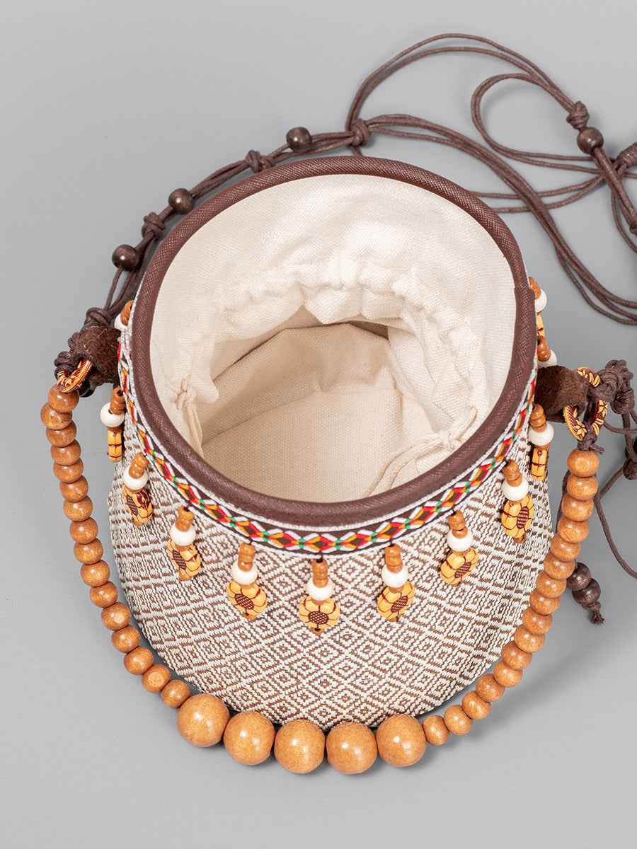 Bohemian Straw Bucket Bag - Small Woven Mini Shoulder Bag for Seaside Vacation & Leisure Travel