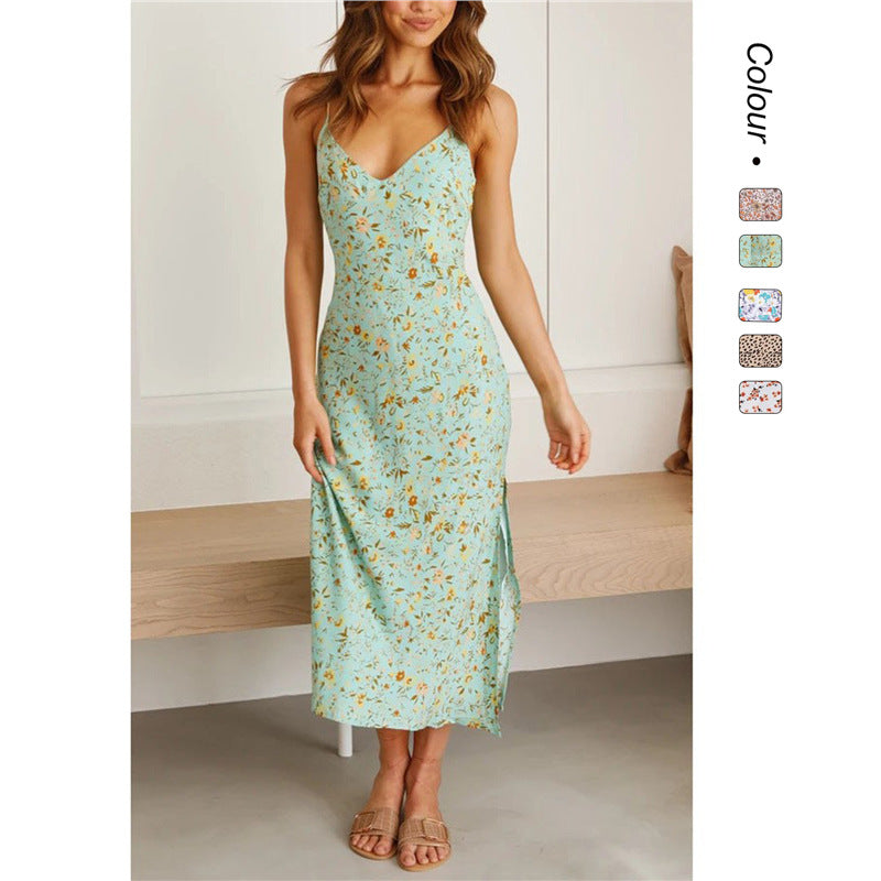 Floral Deep V Suspender Split Dress - Women's Spaghetti Strap Summer Dress -dropshippingabc.com