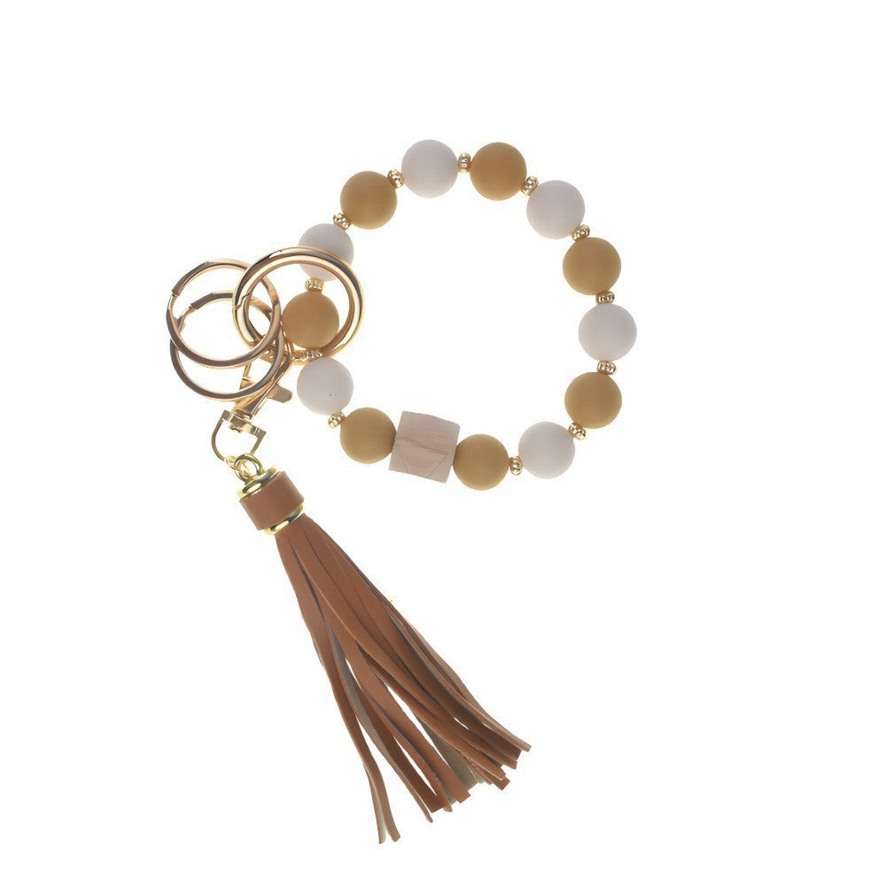 PU Tassel Keychain Women's Bag charm Silicone Beaded Keychain Wristlet Key Ring Bracelet Cute Car Key Chain Holder for Women Girls