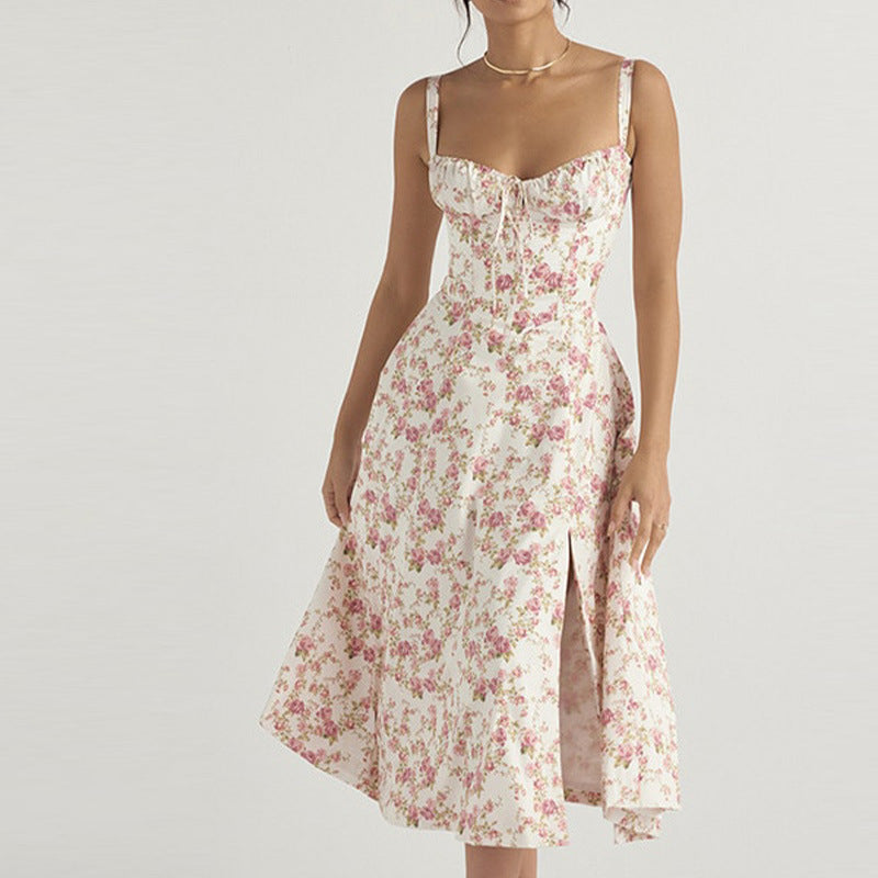 Floral Square Neck Sexy Split Swing Spring Dress Off Shoulder Flower Print Sexy Dress -dropshippingabc.com