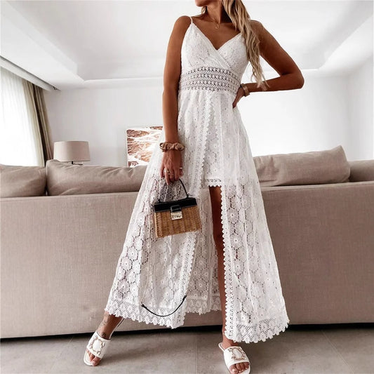 Women's Floral V-Neck Lace Dress - Sleeveless Spaghetti Strap Boho Beach Vacation Dress with Side Split -dropshippingabc.com