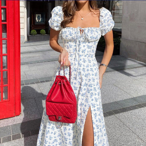 Floral Square Neck Sexy Split Swing Spring Dress Off Shoulder Flower Print Sexy Dress -dropshippingabc.com