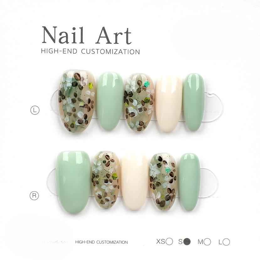 Floral Press On Nails - Short Almond Metallic Mirror Shiny False Nails with Glue Kit 1040