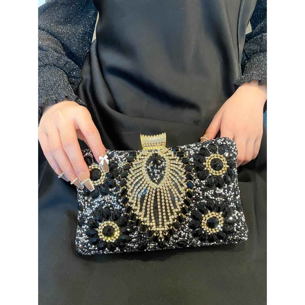 Handmade Rhinestone Evening Bag - Metal Top Handle Bar with Detachable Crossbody Chain for Party Prom Wedding