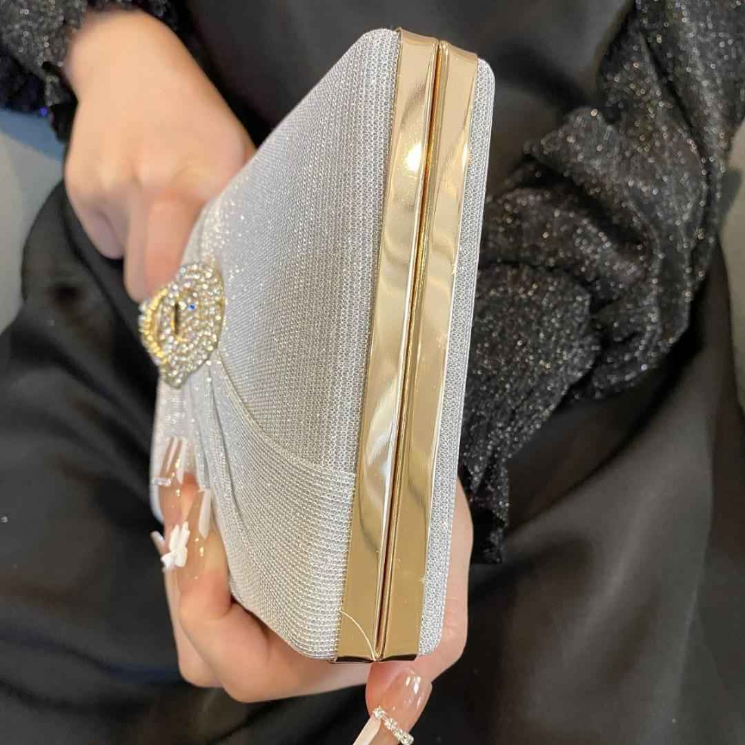 Long Rectangle Clutch Bag with Diamond Ribbon Button - Elegant Evening Purse for Wedding & Birthday Dinner