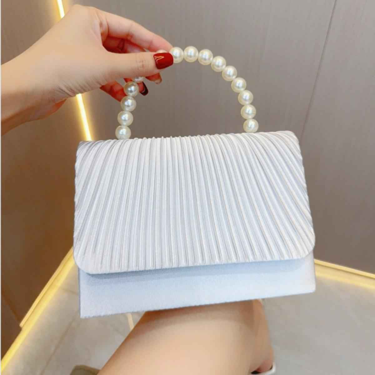 Women's Satin Pleated Evening Purse - Pearl Top Handle Flap Clutch, Unique French Banquet Bag for Party Prom
