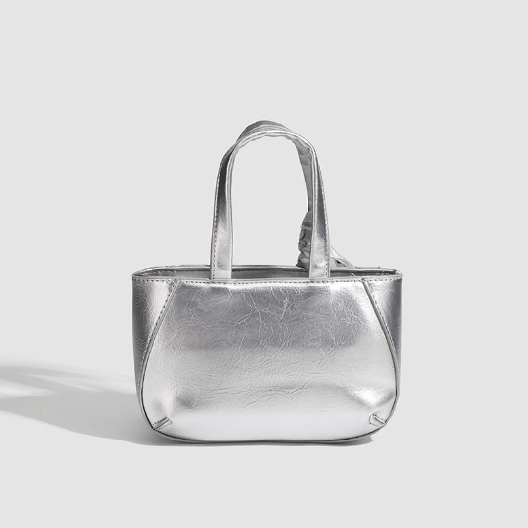 Metallic Small Tote Bag with Detachable Crossbody Strap - Fashionable Silver Square Handbag for Ladies -dropshippingabc.com