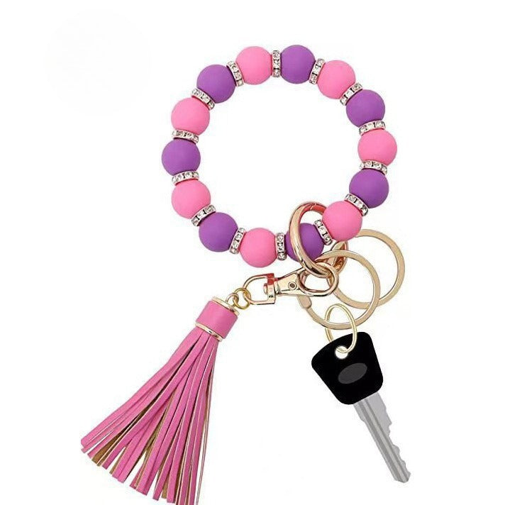 PU Tassel Keychain Women's Bag charm Silicone Beaded Keychain Wristlet Key Ring Bracelet Cute Car Key Chain Holder for Women Girls