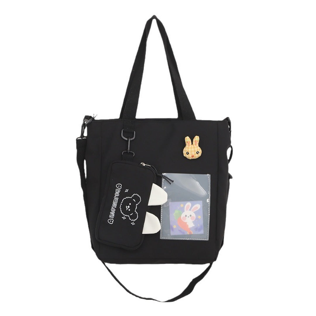 Cartoon Canvas Bag with Bunny Pendant - Cute Self-Contained Student Shoulder Tote Bag -dropshippingabc.com