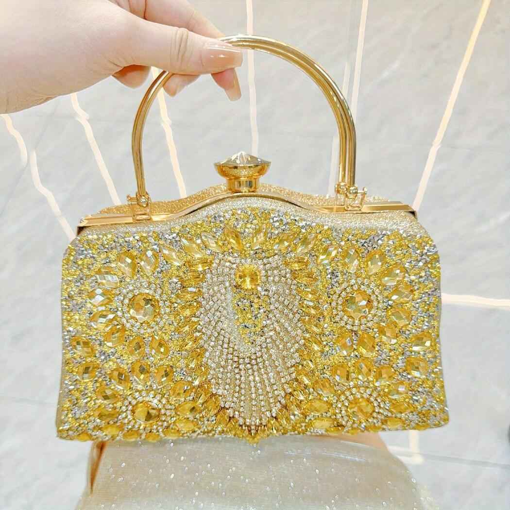 Nightout Bag with Diamond Inlaid Metal Handle - Large Evening Clutch Purse for Ladies Banquet, Single Shoulder & Crossbody Carry